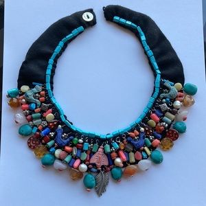 Bib, Choker Necklace, Handmade of Miscellaneous Semiprecious Stones on Fabric